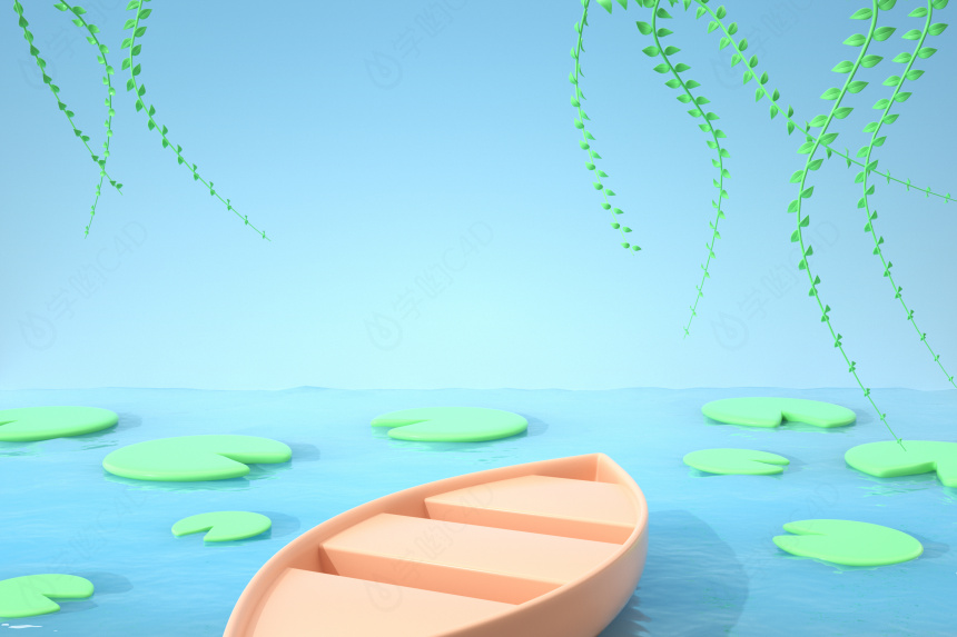 立体卡通春天水面小船绿色场景C4D模型
