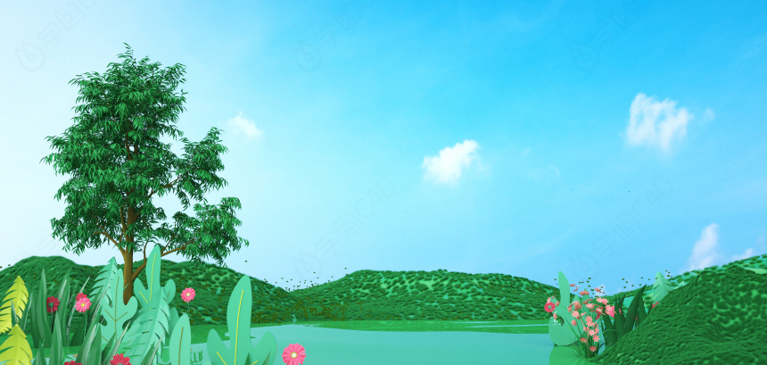立体卡通春天鲜花草坪湖水背景C4D模型