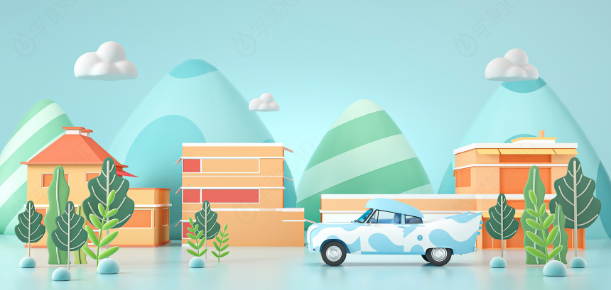 立体卡通房屋建筑蓝绿色植物场景C4D模型