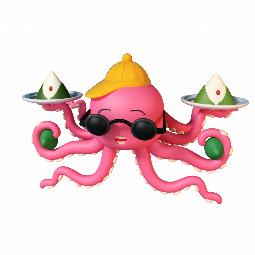 立体卡通黄帽子戴眼镜粉红章鱼拿粽子C4D模型