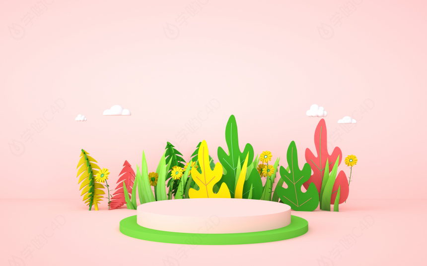 立体春天粉色植物展台C4D模型