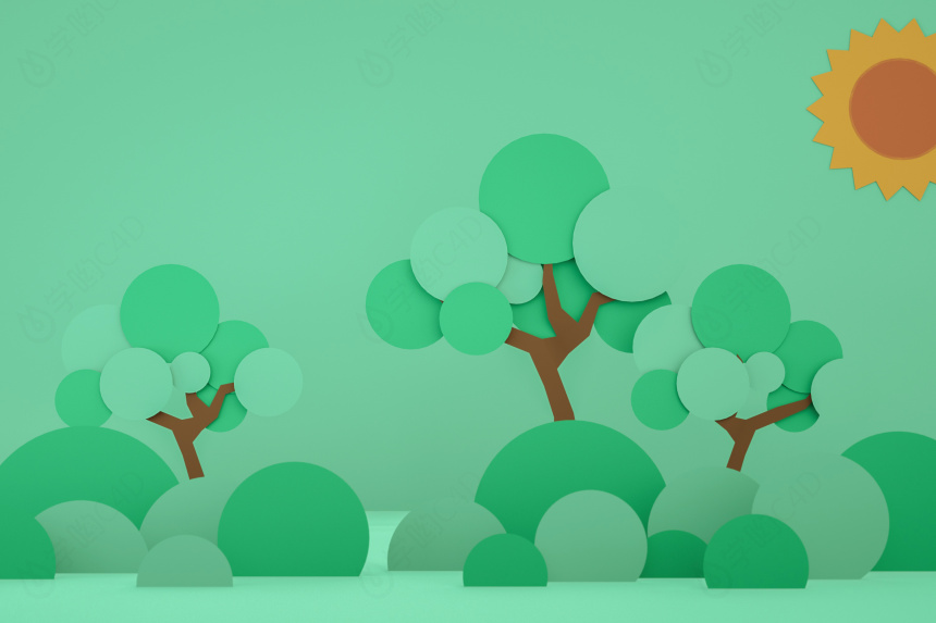 立体卡通春天绿色抽象森林背景C4D模型