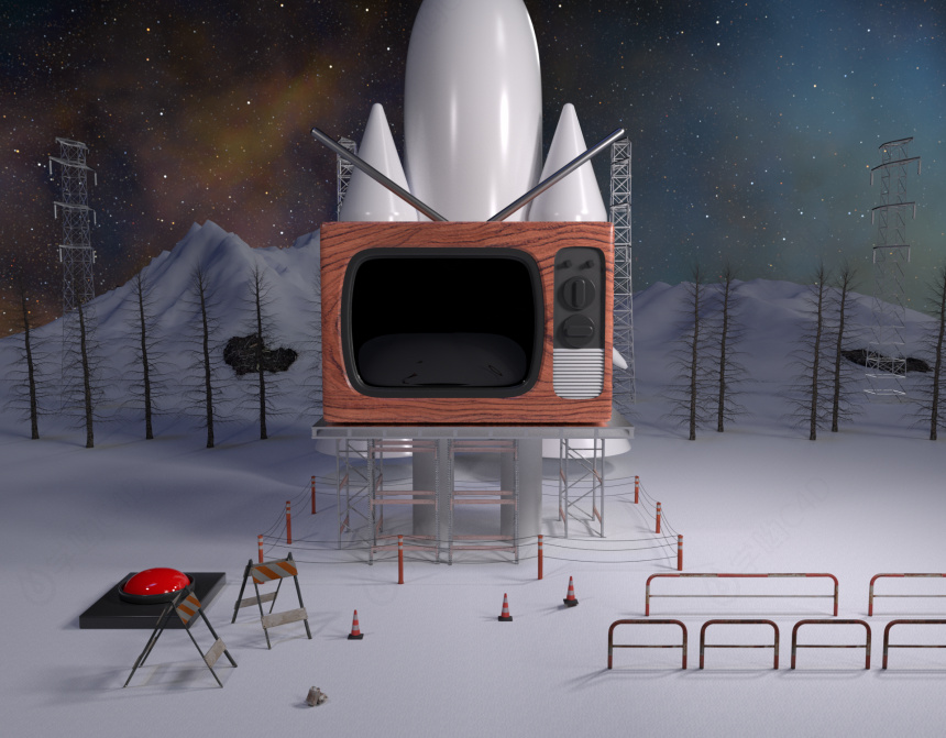 立体电视火箭发射雪地场景C4D模型