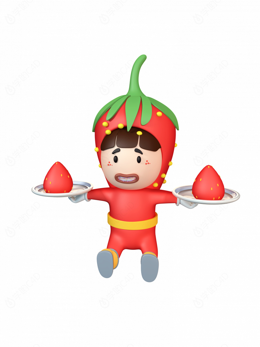立体拟人红色草莓男孩卡通形象C4D模型