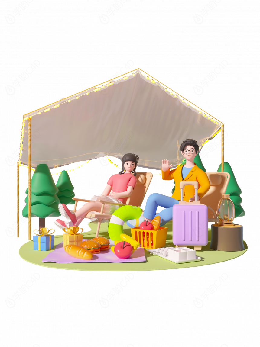 立体卡通情侣户外野餐C4D模型