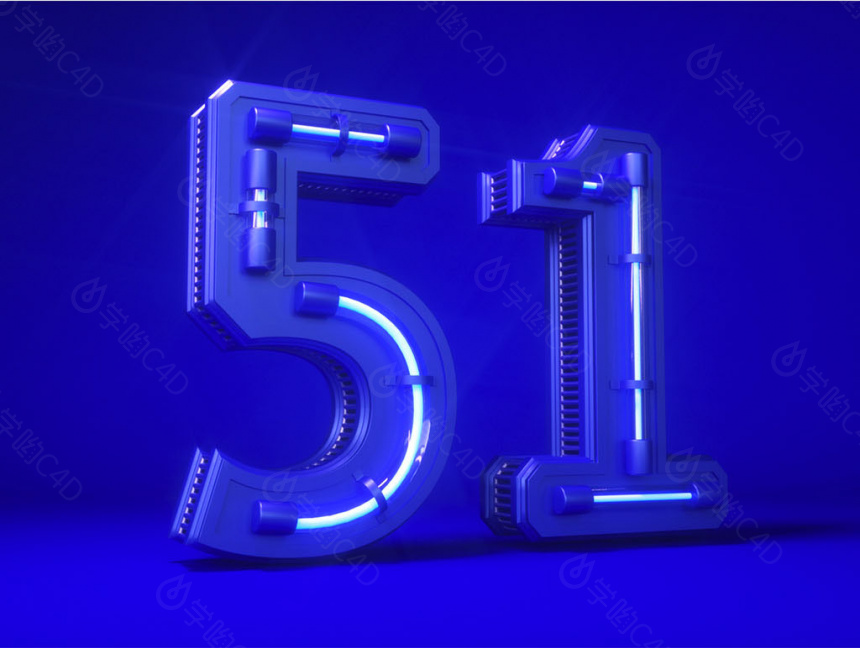 个性工业蓝色金属51节日艺术字C4D模型