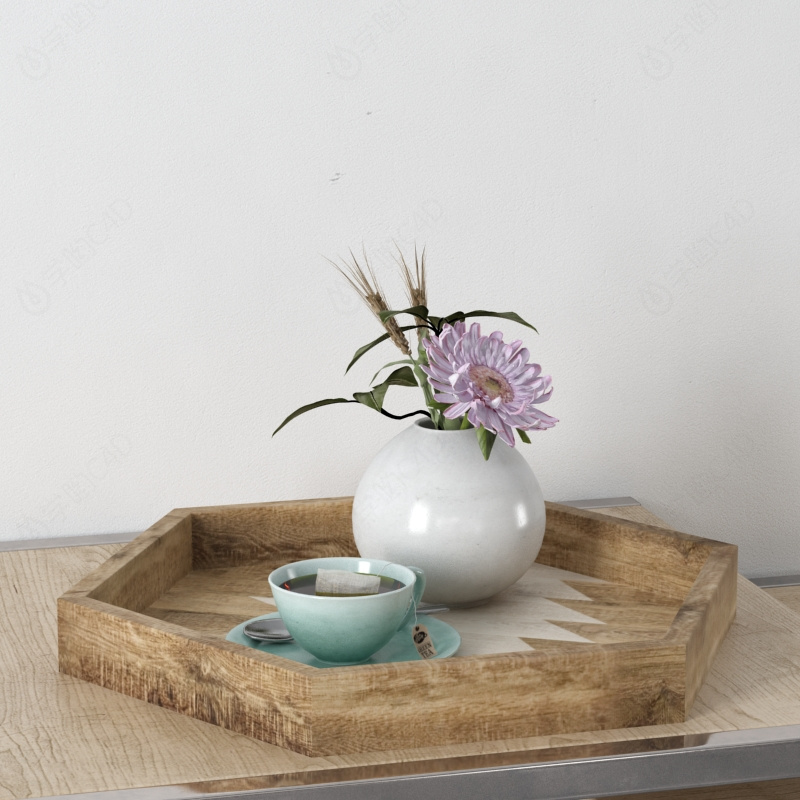 立体室内装饰品鲜花陶罐茶杯C4D模型